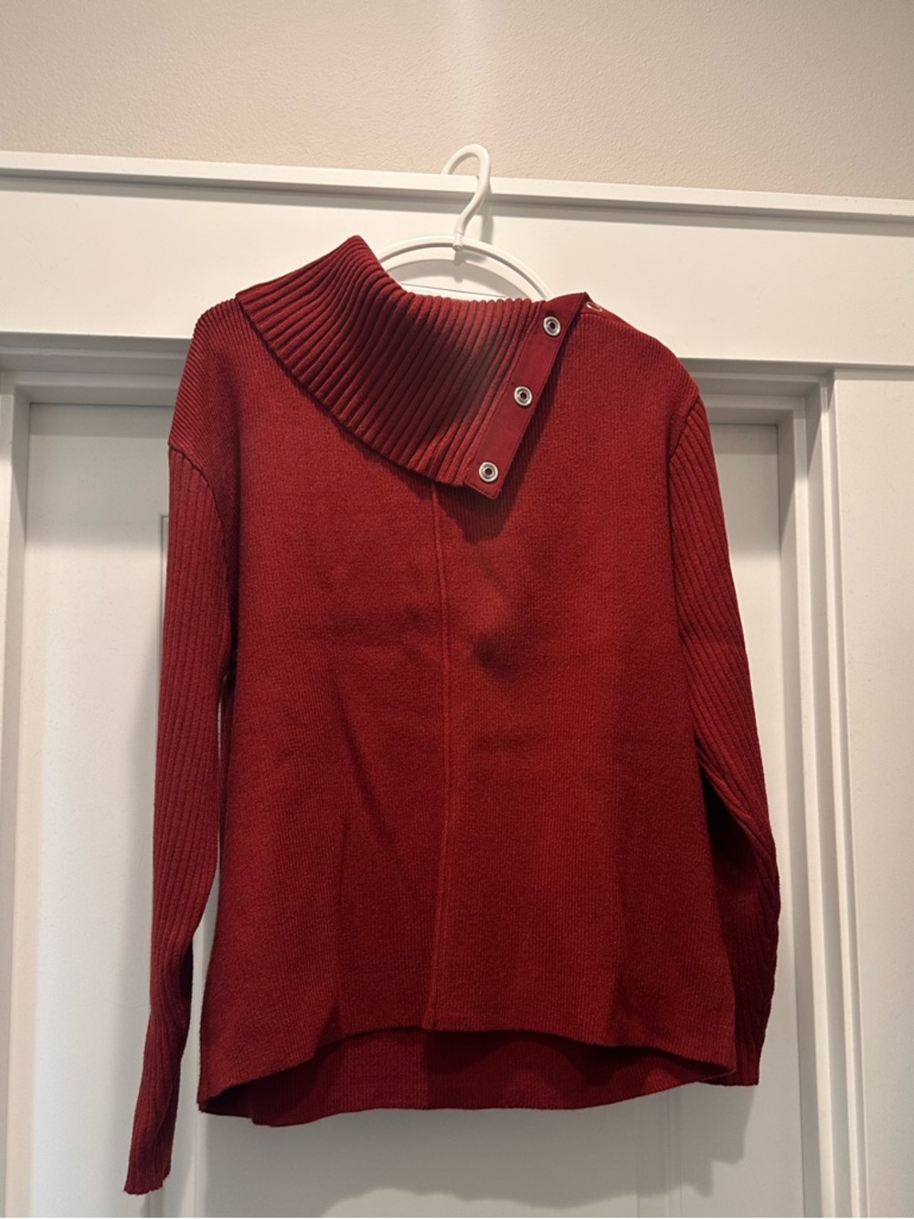 CAbi Ribbed Funnel Collar Sweater in Burgundy